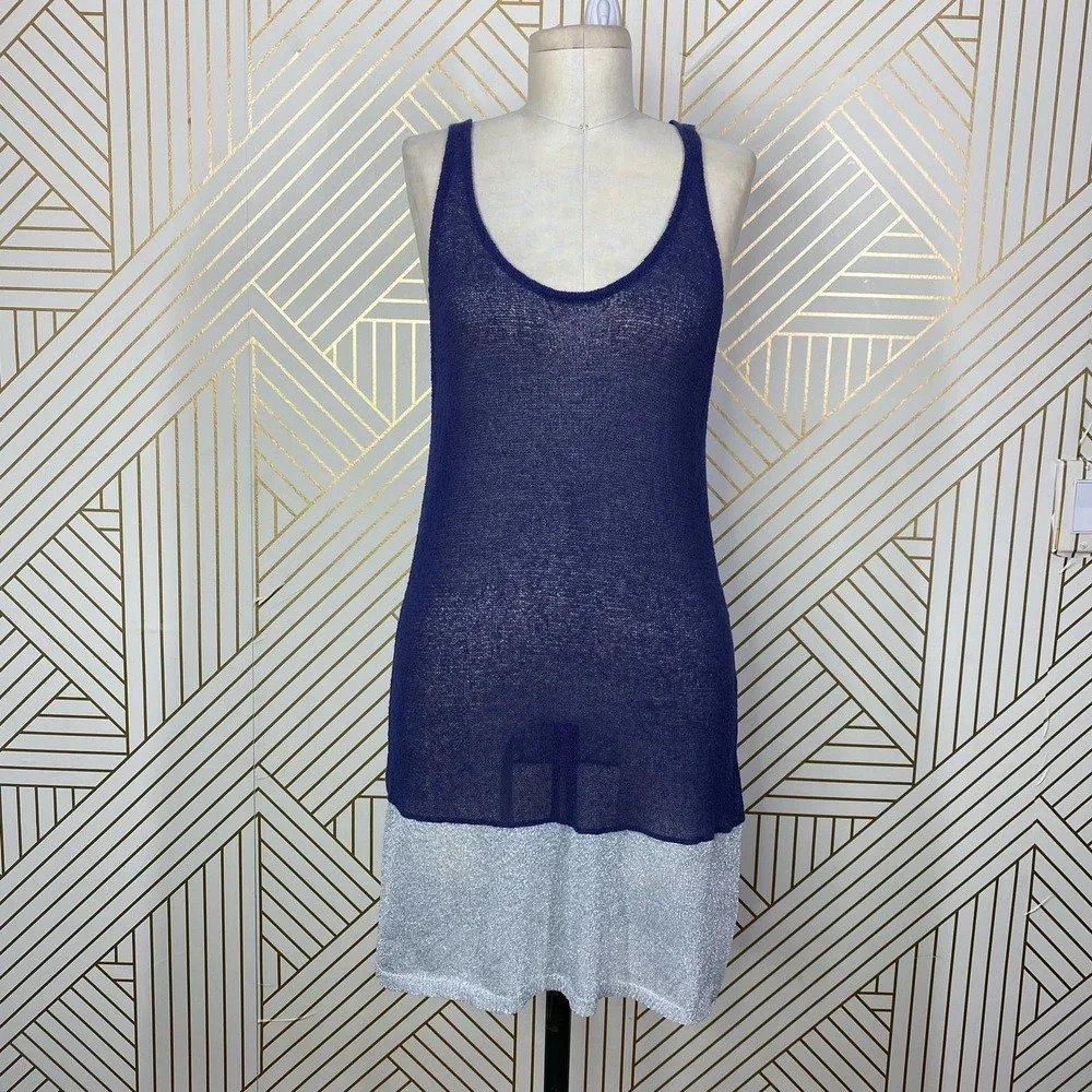 Qi Knit Tank Top Tunic Navy Blue Silver